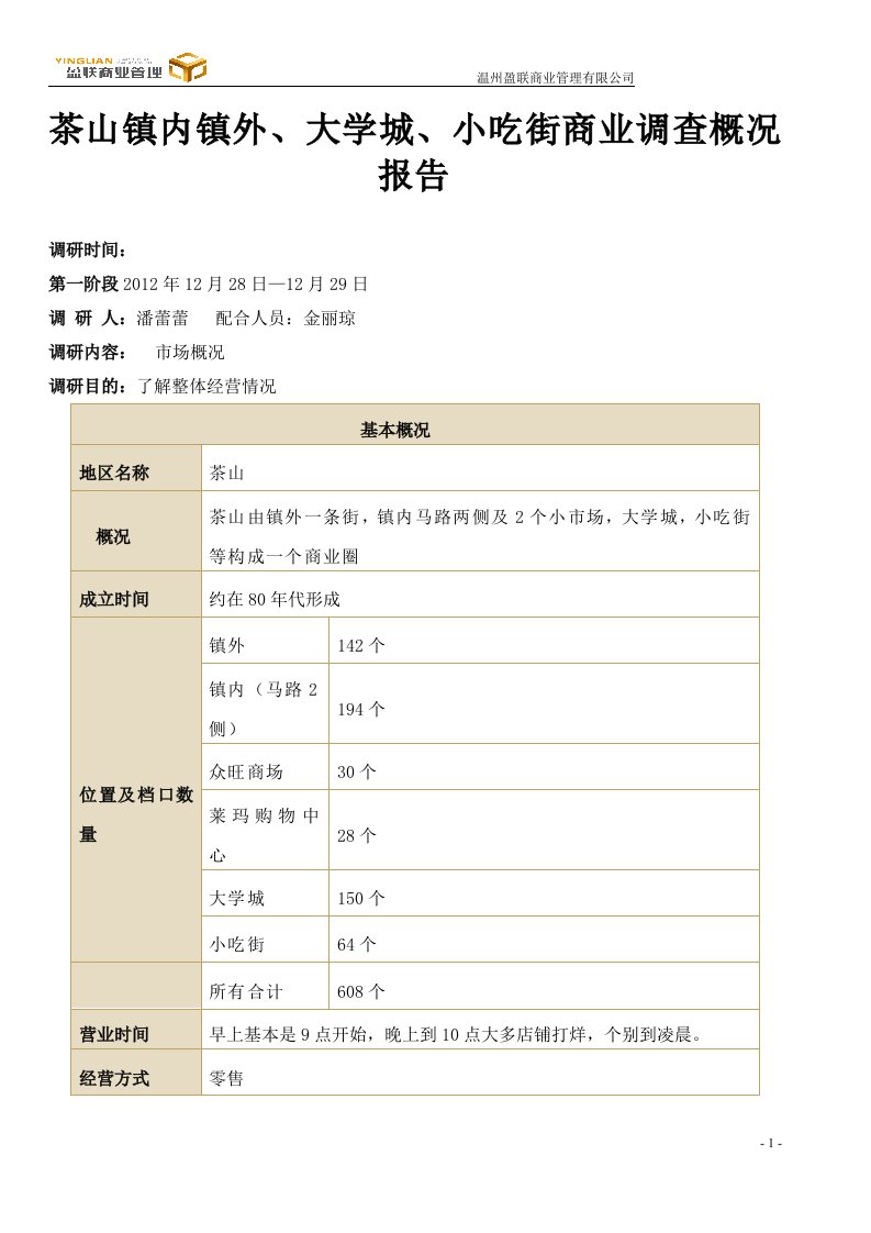 温州茶山镇大学城、小吃街商业调查概况报告