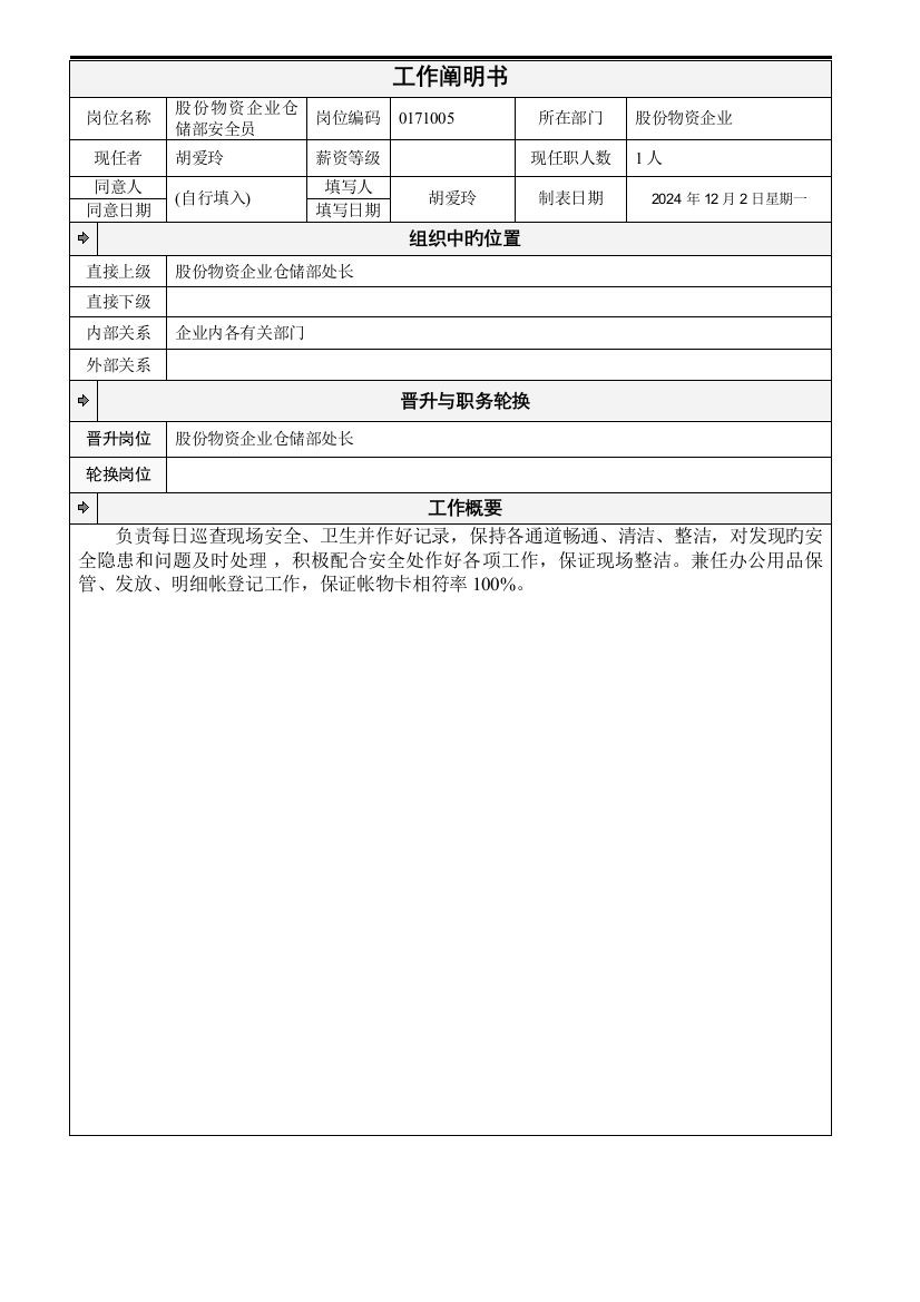 2023年股份物资公司仓储部安全员工作说明书