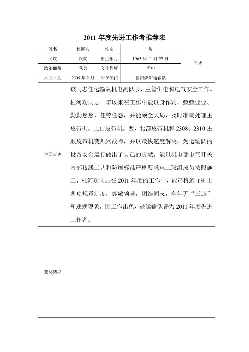 2011年度先进集体和工作者推荐表