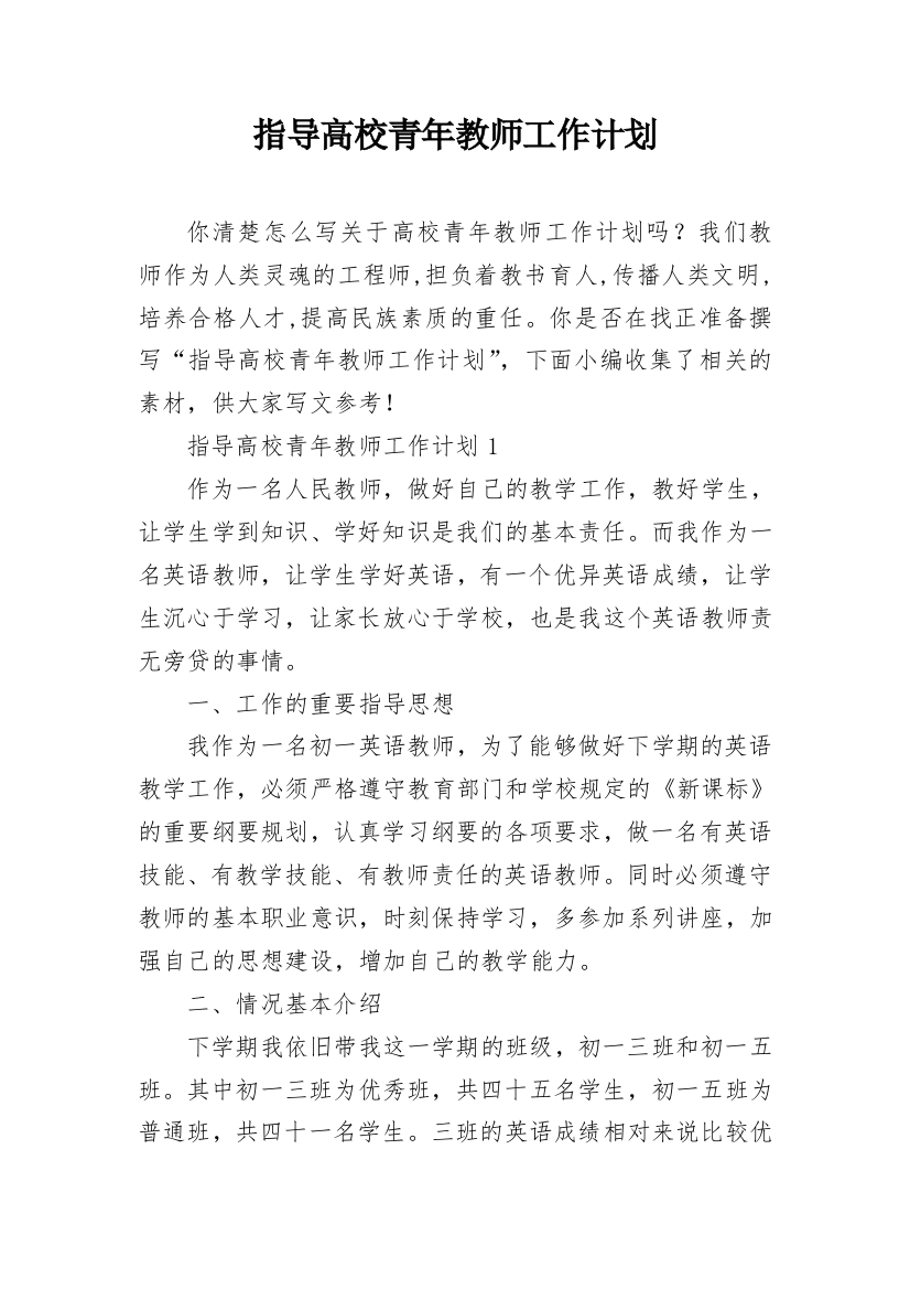 指导高校青年教师工作计划