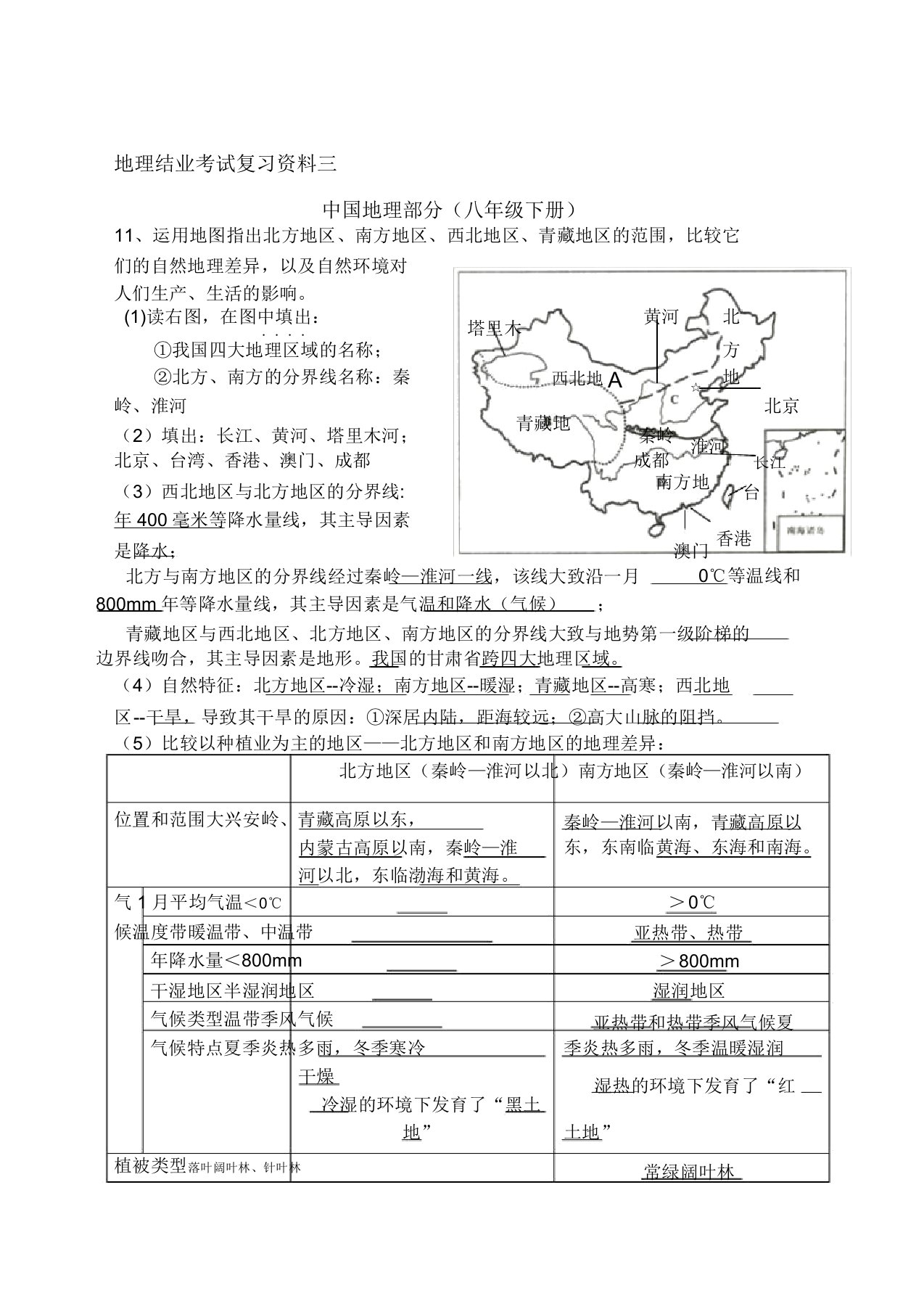 八年级下地理结业考试复习资料含