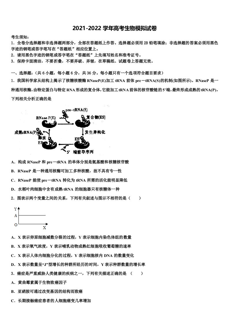 重庆市綦江区东溪中学2021-2022学年高三下学期一模考试生物试题含解析