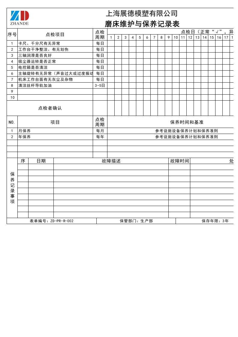 磨床维护与保养记录表