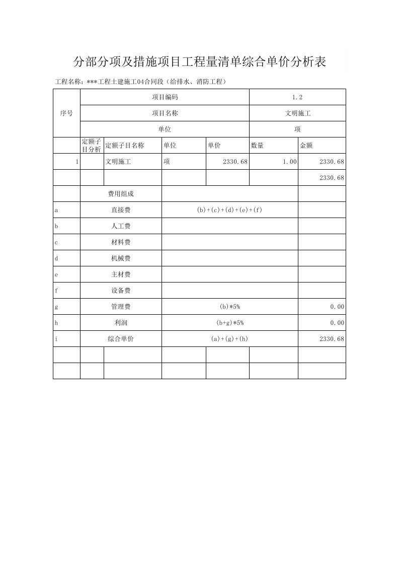 给排水消防综合单价分析表