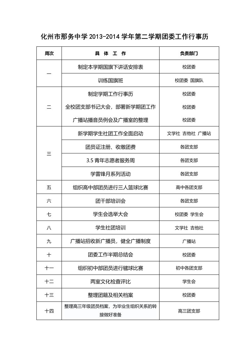 第二学期团委工作行事历