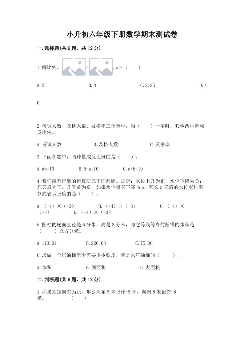 小升初六年级下册数学期末测试卷附完整答案（各地真题）