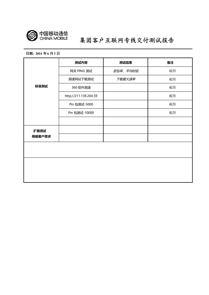 集团客户互联网专线交付测试报告