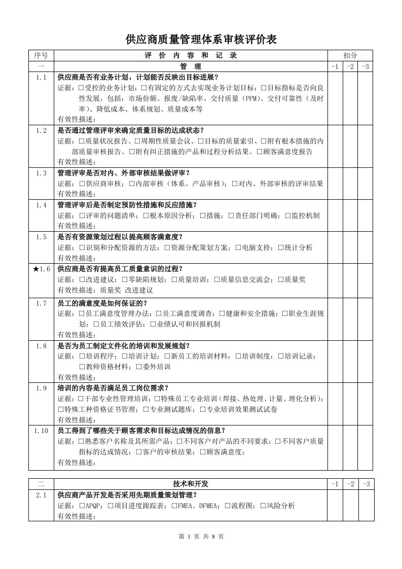 供应商质量管理体系审核评价表