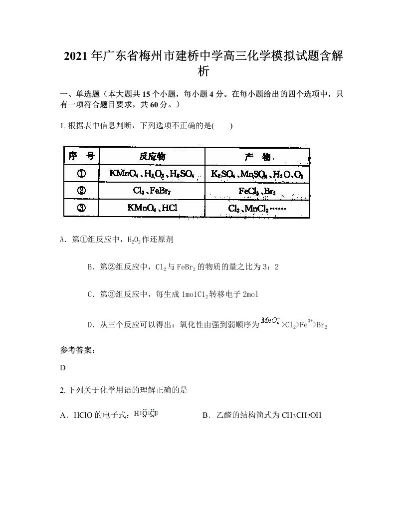 2021年广东省梅州市建桥中学高三化学模拟试题含解析