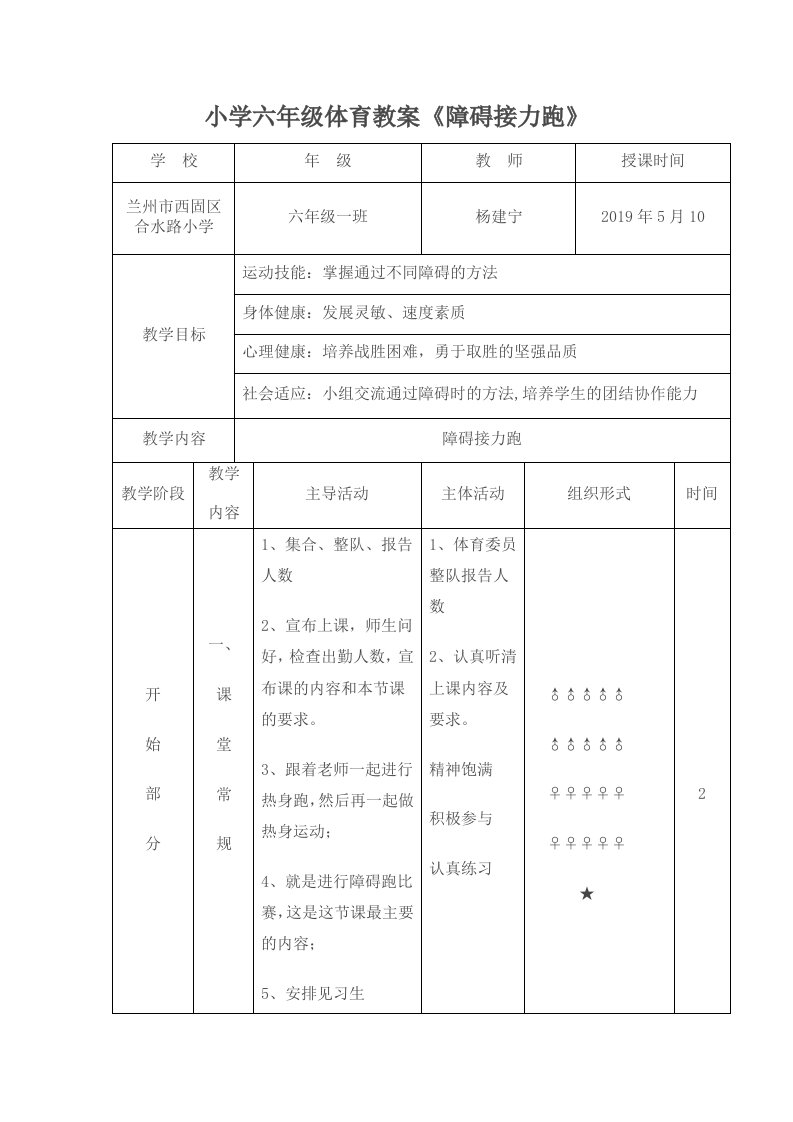 小学六年级体育教案《障碍接力跑》