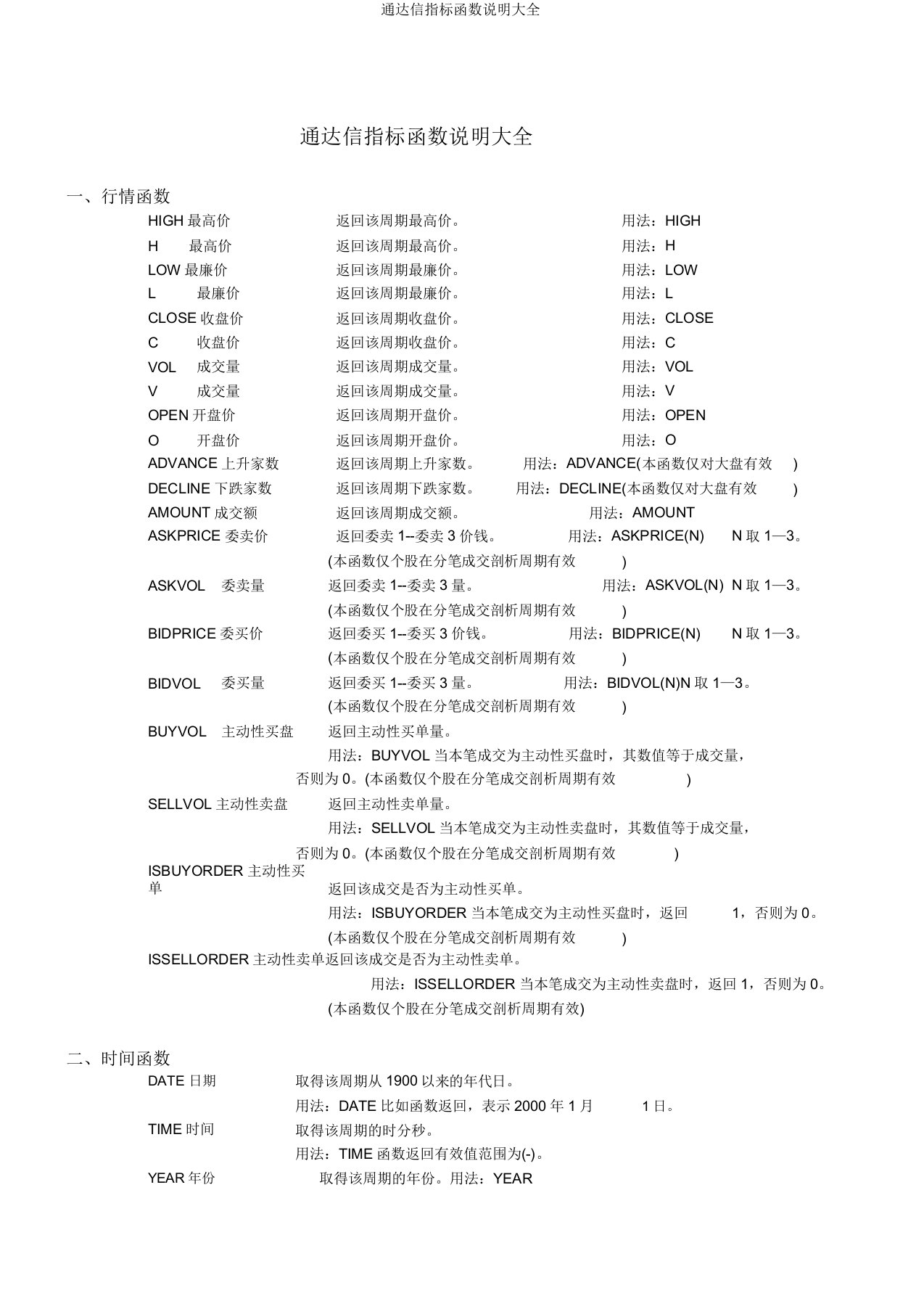 通达信指标函数说明大全