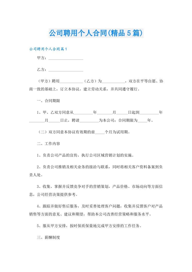 公司聘用个人合同(精品5篇)