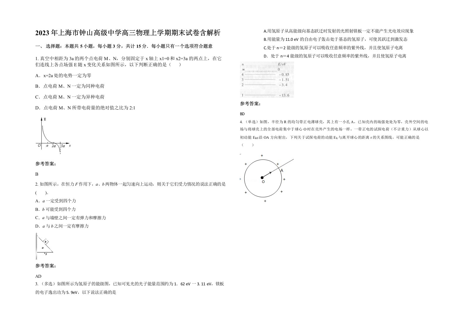 2023年上海市钟山高级中学高三物理上学期期末试卷含解析