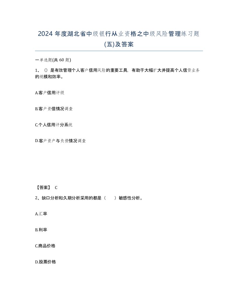 2024年度湖北省中级银行从业资格之中级风险管理练习题五及答案