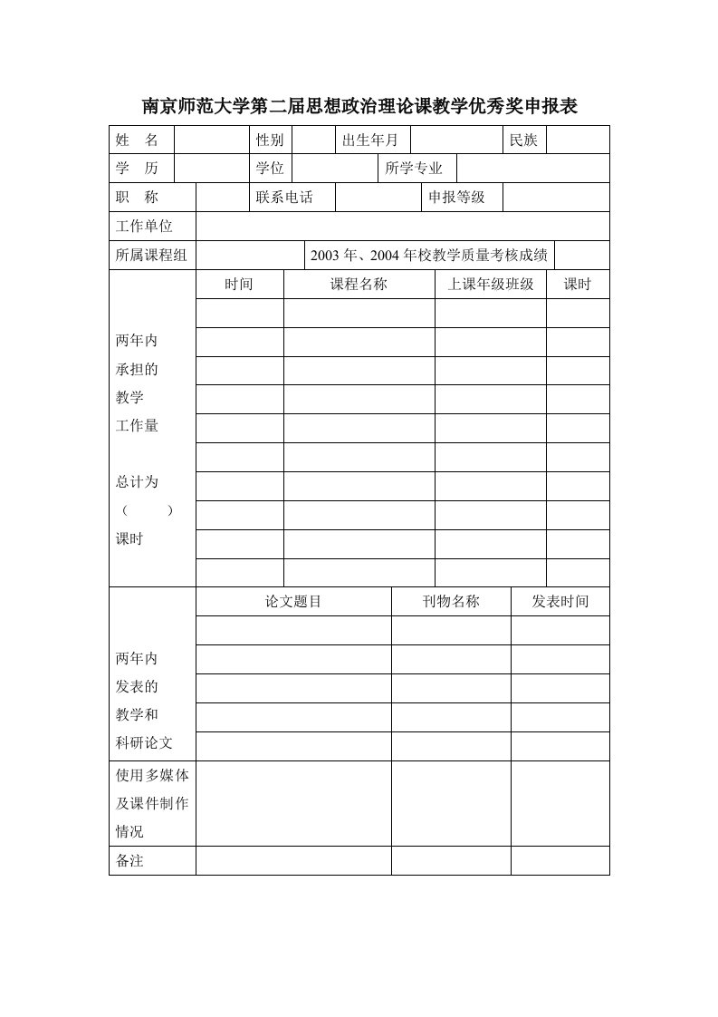 南京师范大学第2届思想政治理论课教学优秀奖申报表