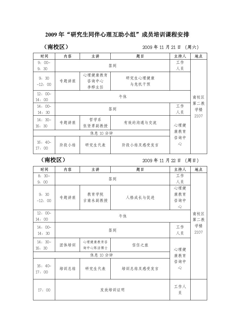 2009年研究生同伴心理互助小组成员培训课程安排