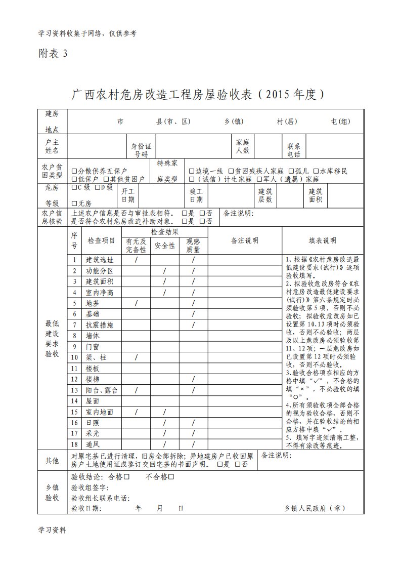 农村危房改造工程房屋验收表格