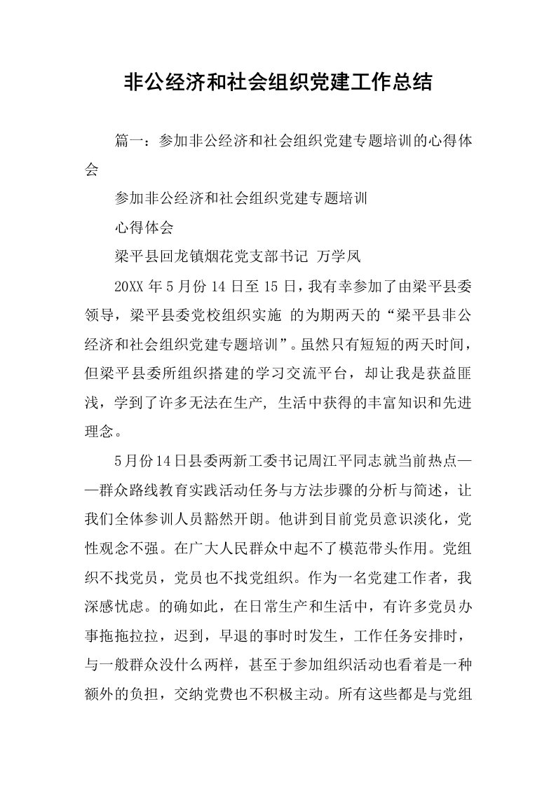 非公经济和社会组织党建工作总结