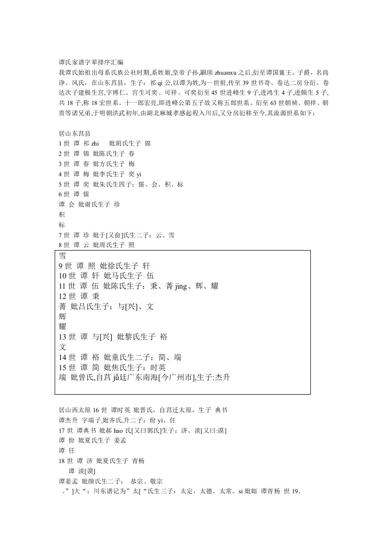 谭氏家谱字辈排序汇编