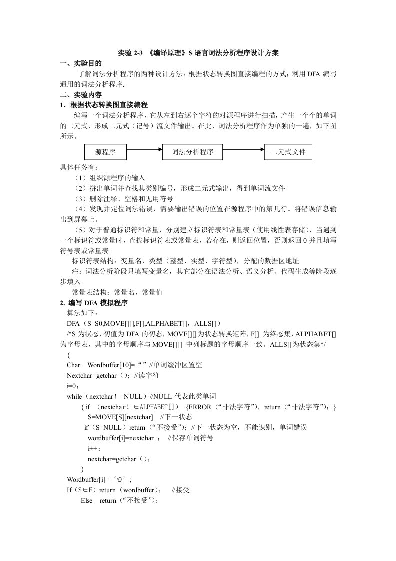 实验1-2《编译原理》词法分析程序设计方案