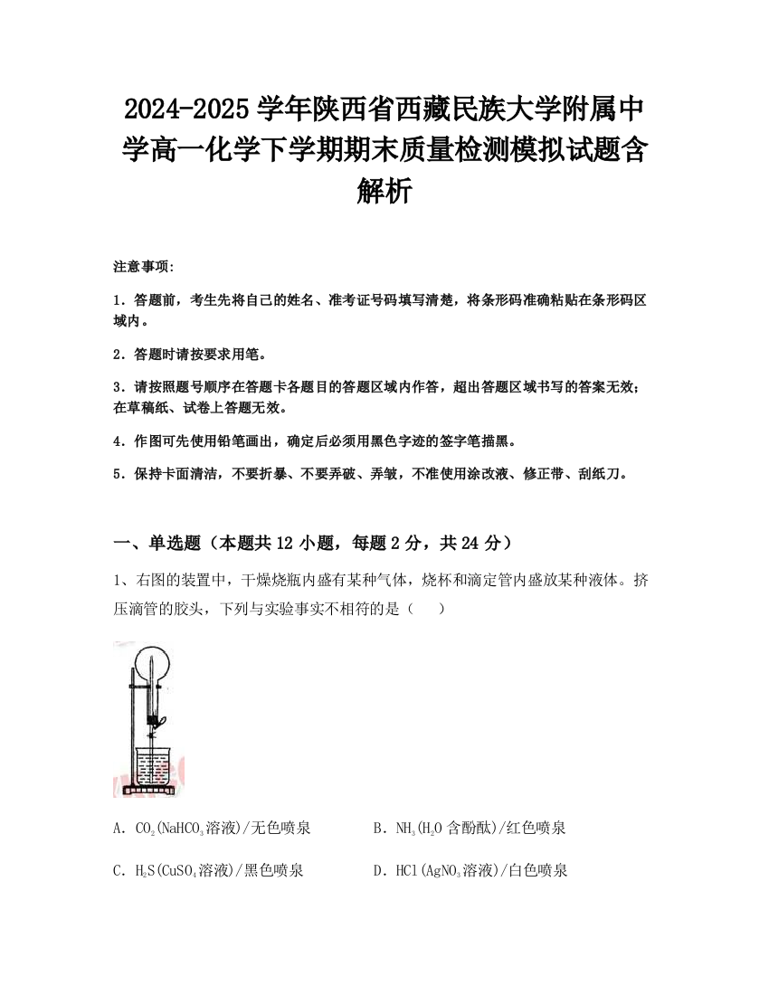 2024-2025学年陕西省西藏民族大学附属中学高一化学下学期期末质量检测模拟试题含解析