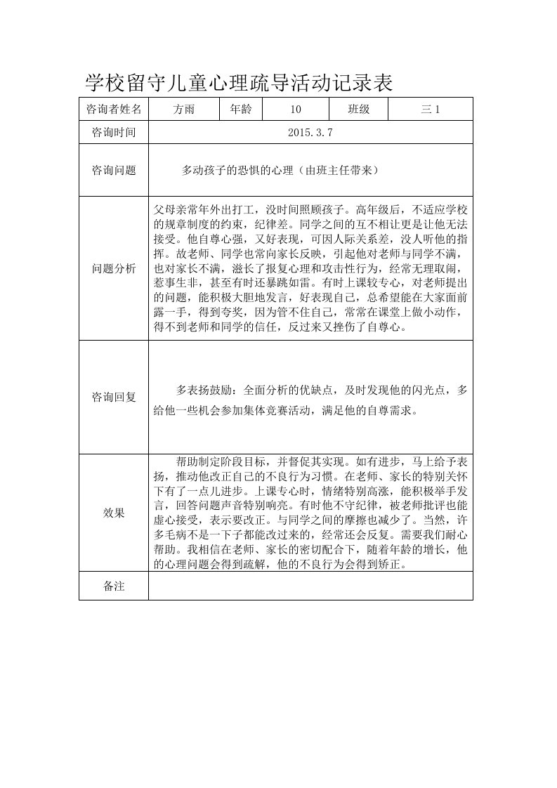 学校留守儿童心理疏导活动记录表