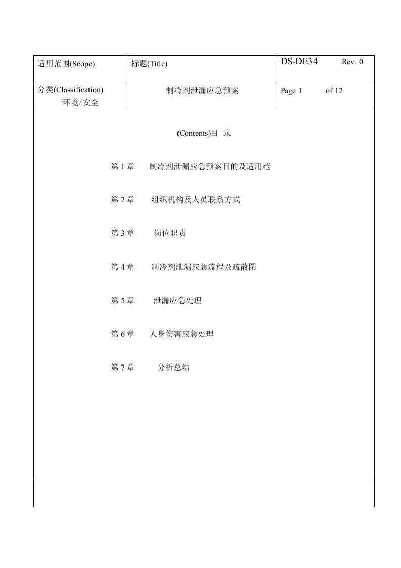 冷冻机制冷剂泄漏应急预案