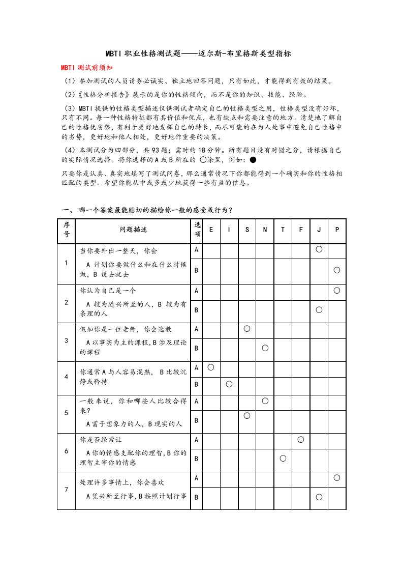 mbti职业性格测试题——迈尔斯-布里格斯类型指标