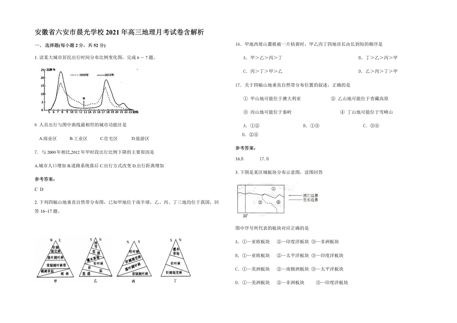 安徽省六安市晨光学校2021年高三地理月考试卷含解析