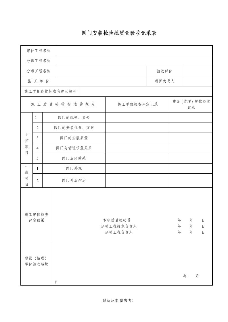 阀门安装检验批质量验收记录表