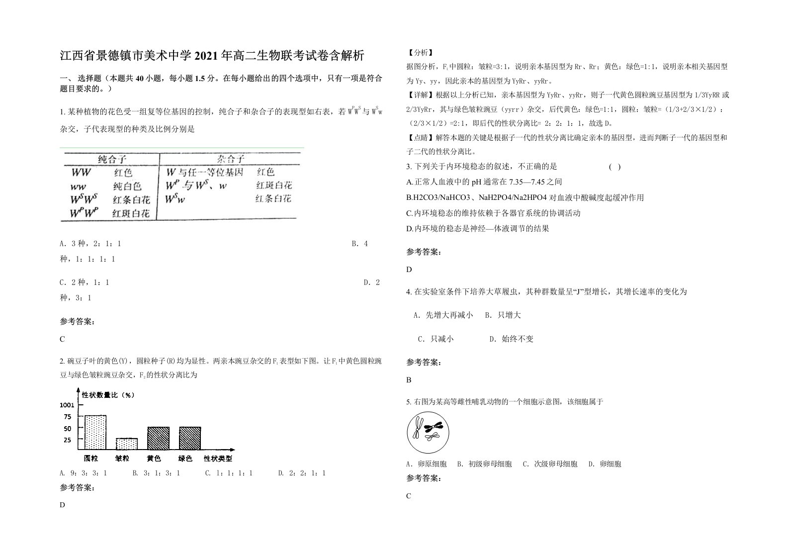 江西省景德镇市美术中学2021年高二生物联考试卷含解析