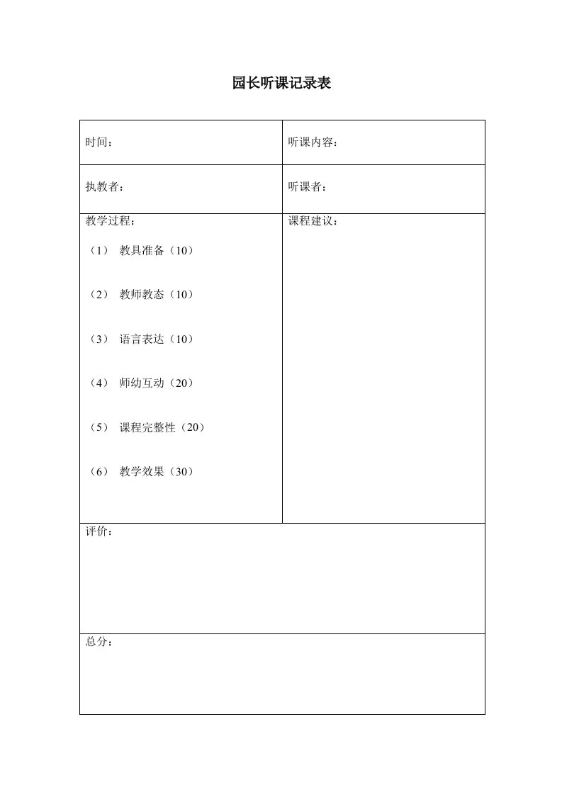 园长听课记录表空表+评析资料