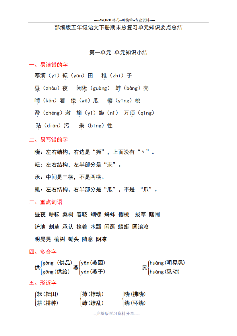 部编版五年级语文下册期末总复习单元知识要点总结汇总