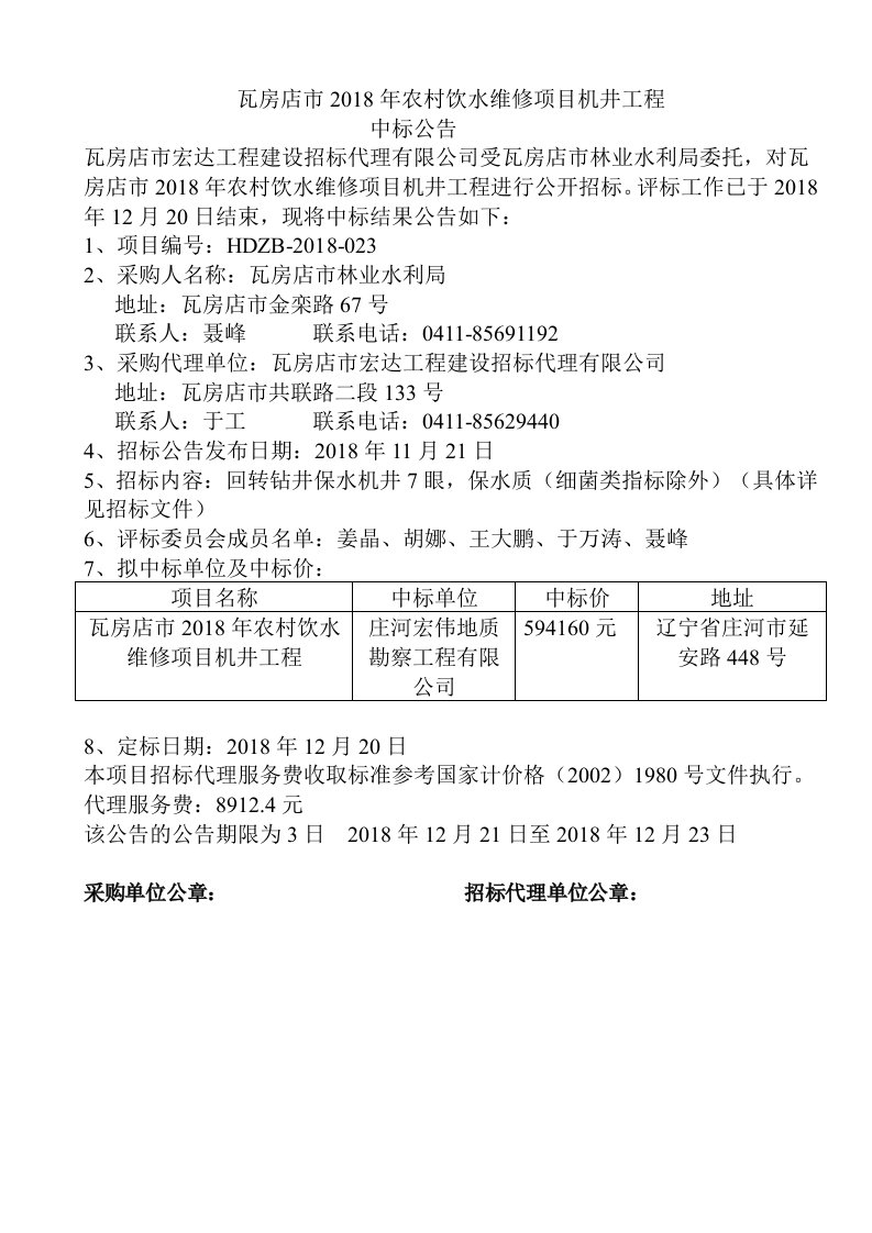 瓦房店2018年农村饮水维修项目机井工程