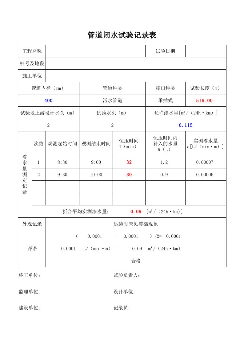 排水管道闭水试验记录表(自动计算)