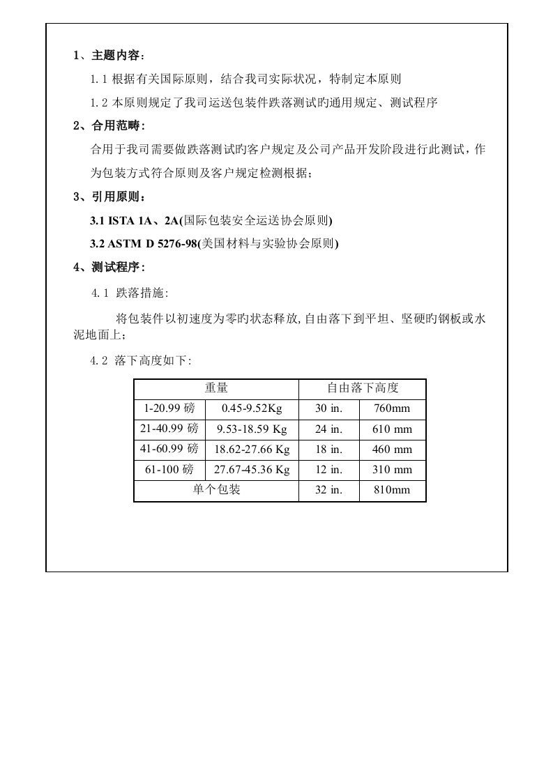 包装跌落测试通用重点标准