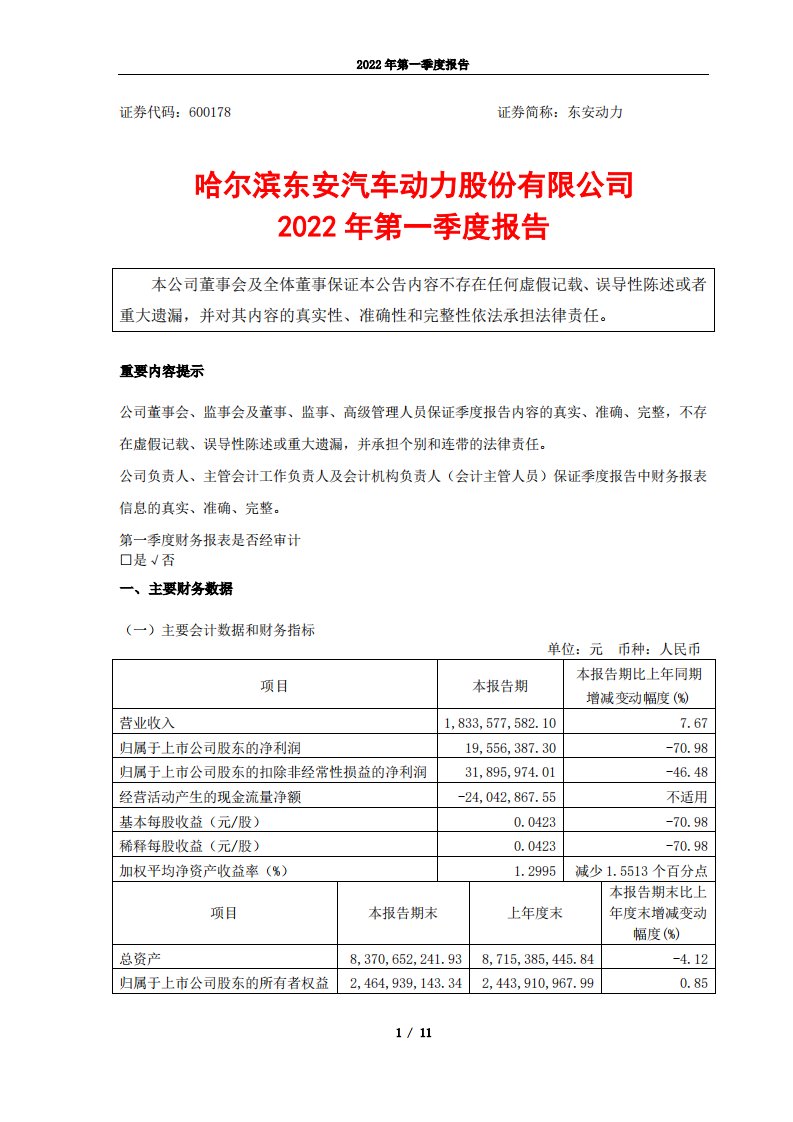 上交所-东安动力2022年第一季度报告