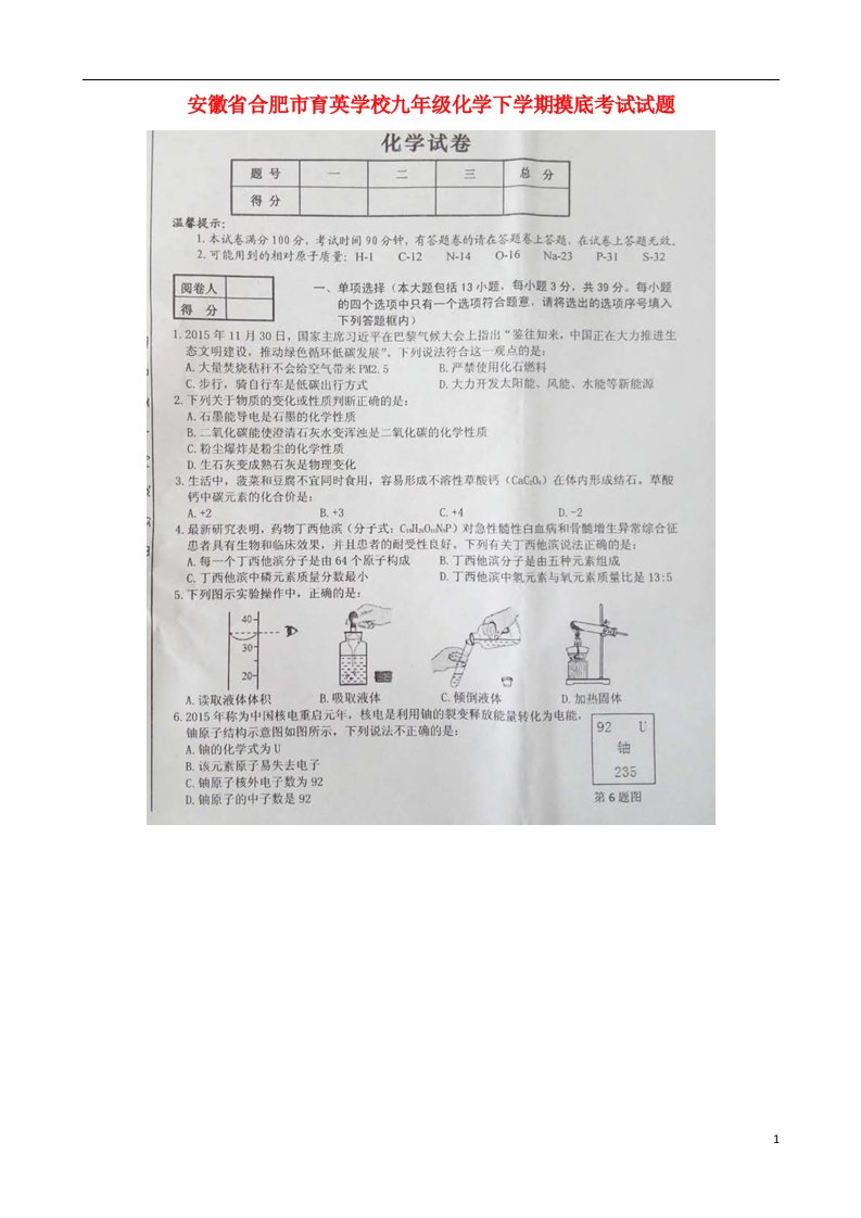 安徽省合肥市育英学校九级化学下学期摸底考试试题（扫描版）