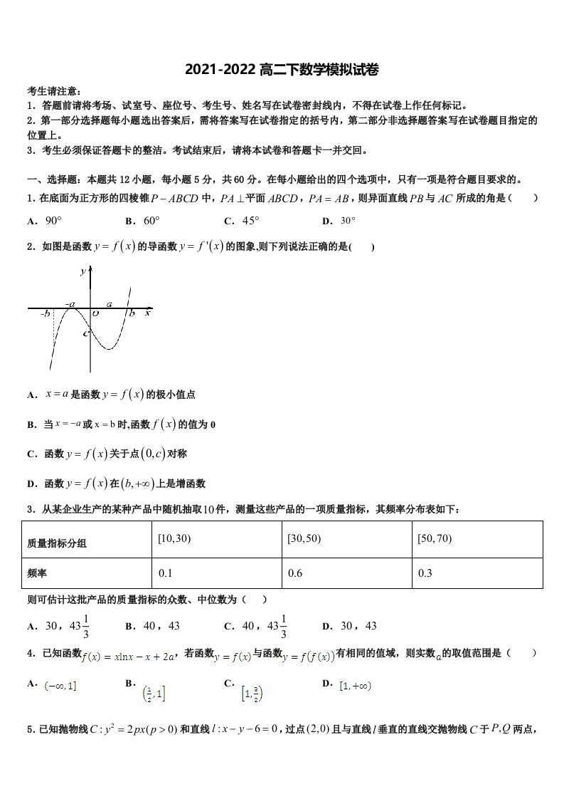 山东省滨州市邹平一中2021-2022学年数学高二第二学期期末考试试题含解析