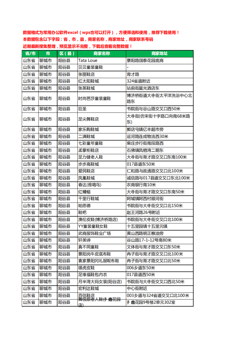 2020新版山东省聊城市阳谷县鞋工商企业公司商家名录名单黄页联系电话号