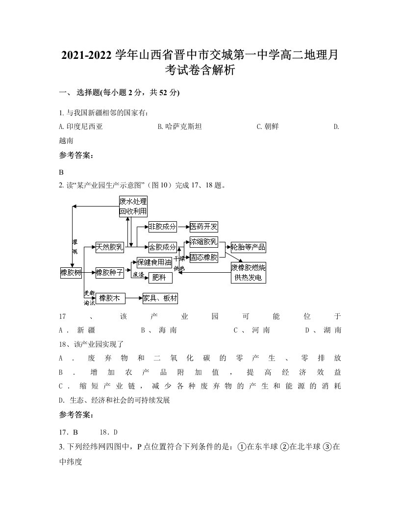 2021-2022学年山西省晋中市交城第一中学高二地理月考试卷含解析