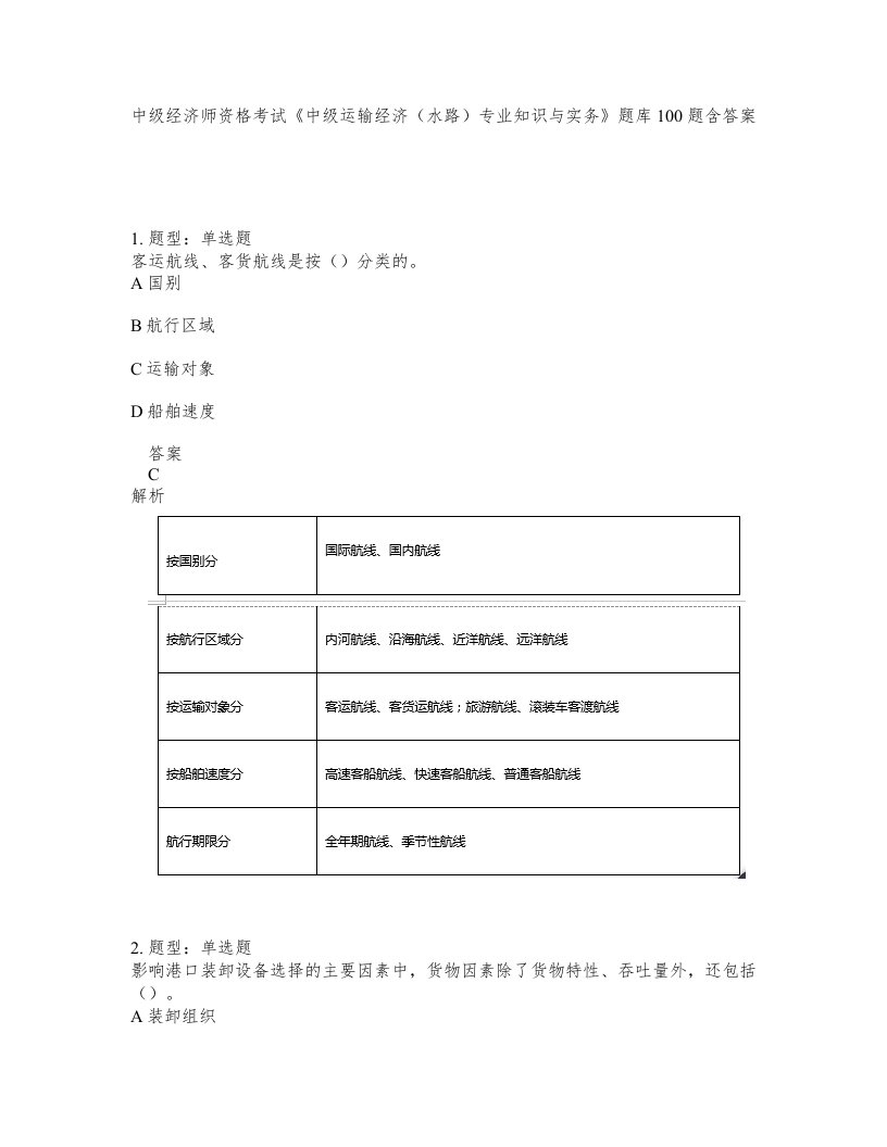 中级经济师资格考试中级运输经济水路专业知识与实务题库100题含答案测考221版