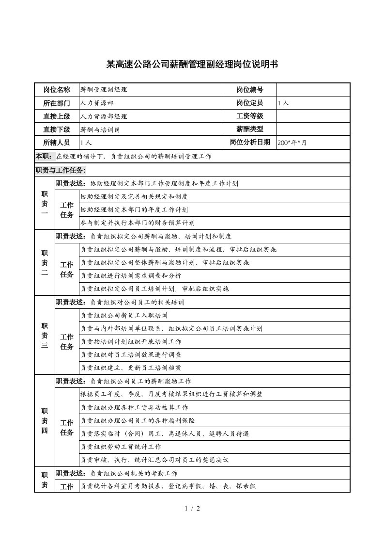 高速公路公司薪酬管理副经理岗位说明书