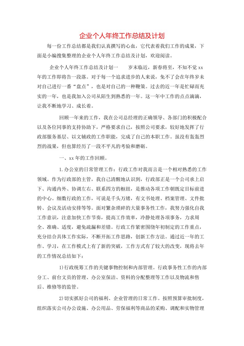 企业个人年终工作总结及计划