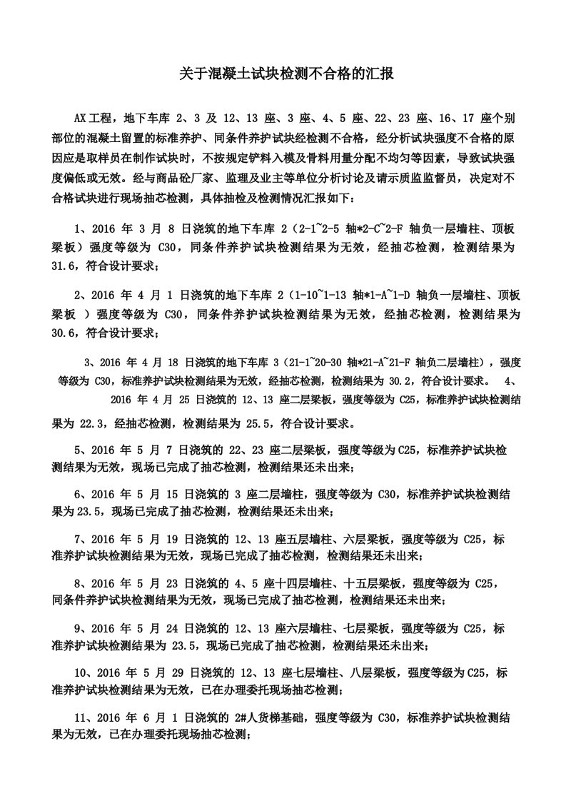 关于混凝土试块检测不合格的汇报