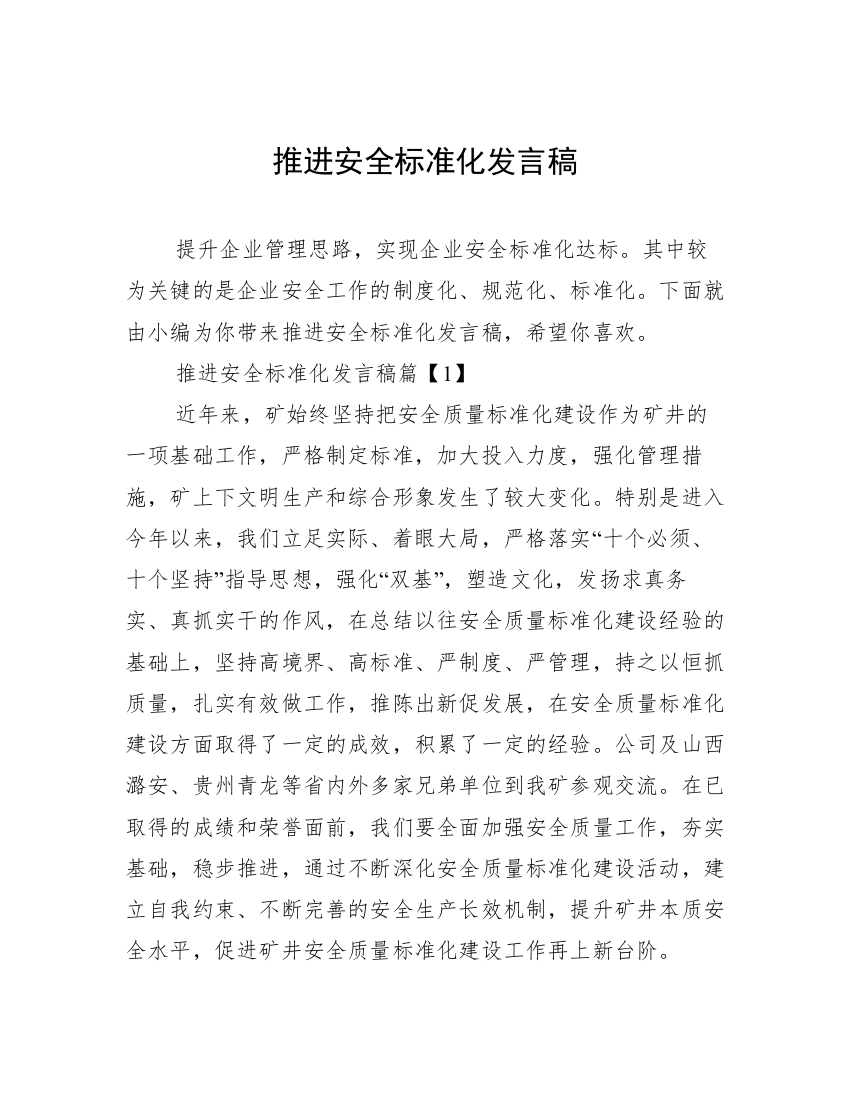 推进安全标准化发言稿