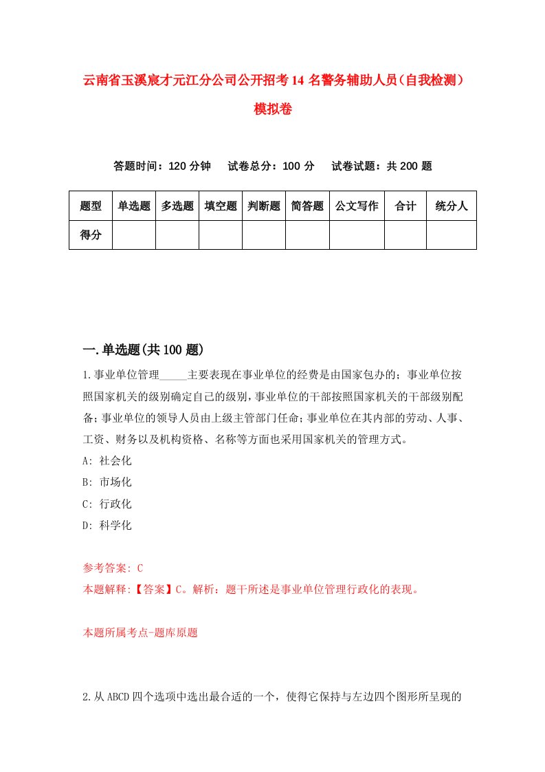 云南省玉溪宸才元江分公司公开招考14名警务辅助人员自我检测模拟卷4