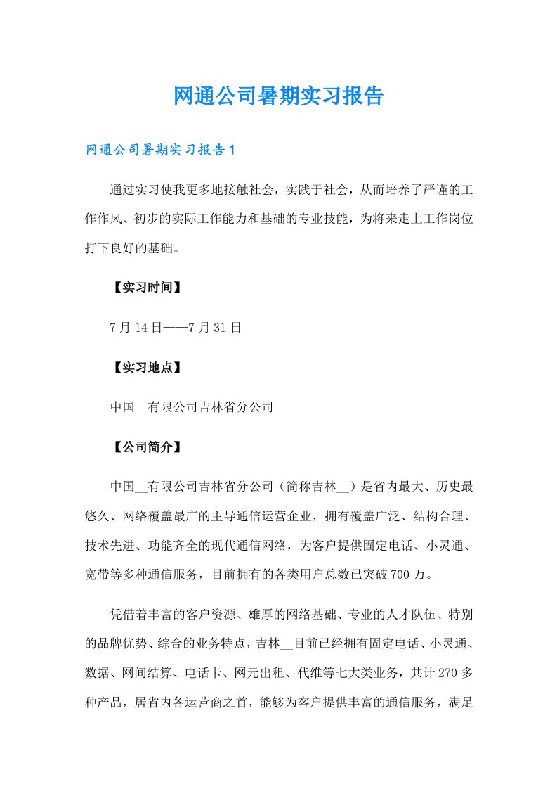 网通公司暑期实习报告