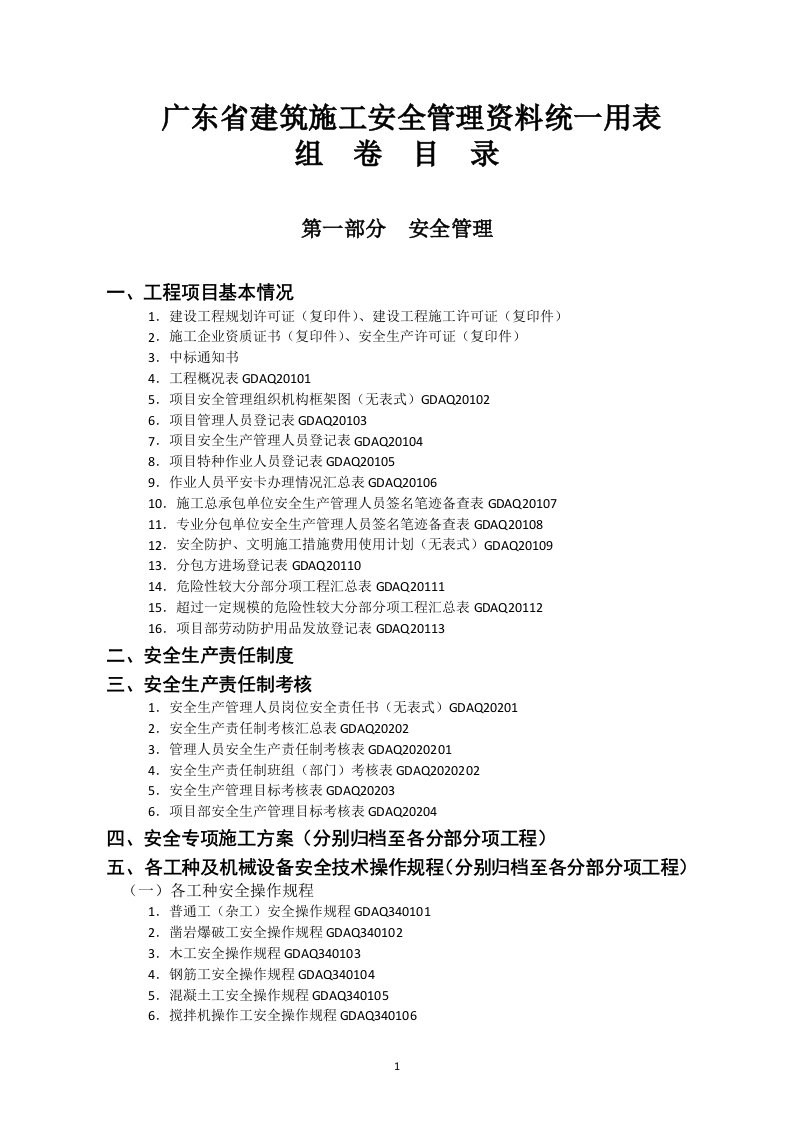 广东省2011版安全统表组卷目录