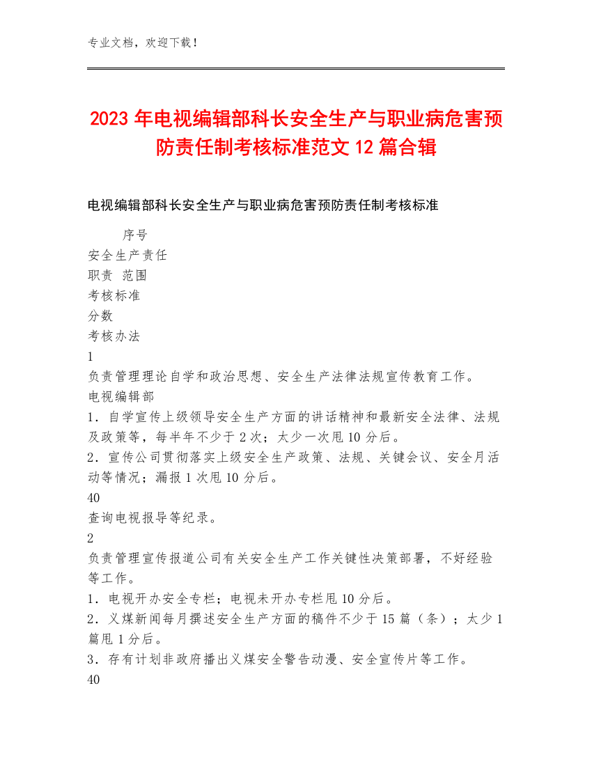 2023年电视编辑部科长安全生产与职业病危害预防责任制考核标准范文12篇合辑